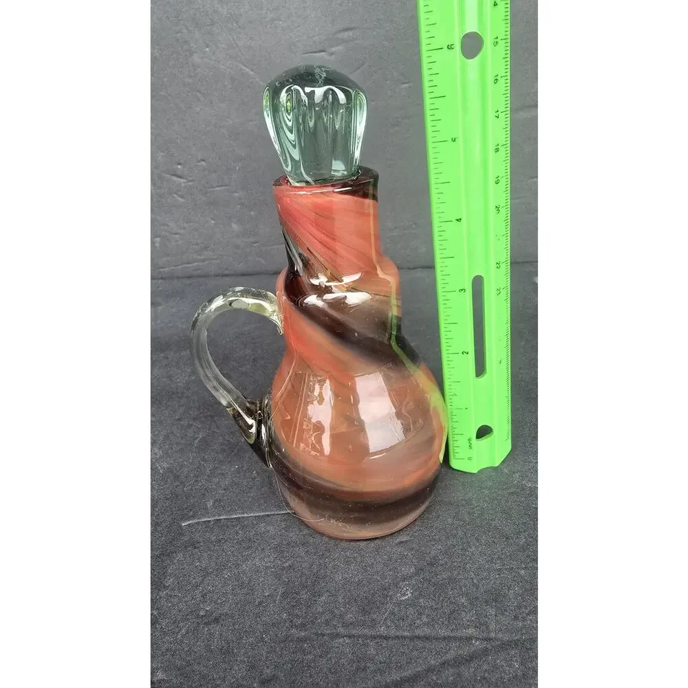 Hand Blown Studio Art Glass Handled Cruet Bottle w/ Stopper Swirl Green Mini